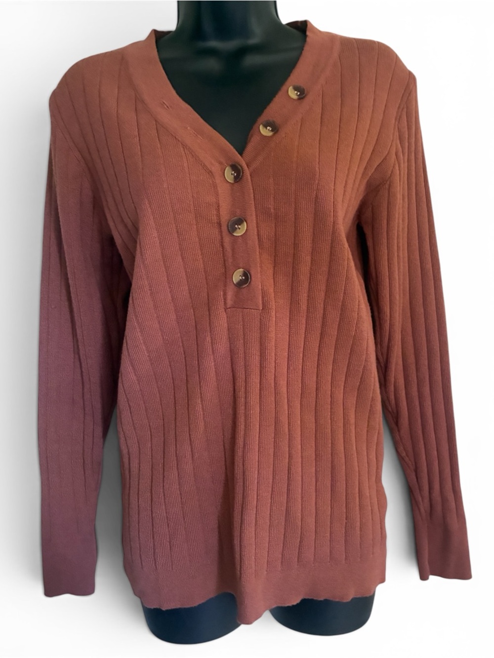 NWT 70s Style Ribbed Rustic Sweater Rust Brown Orange Henley Fall Sweater Sz M